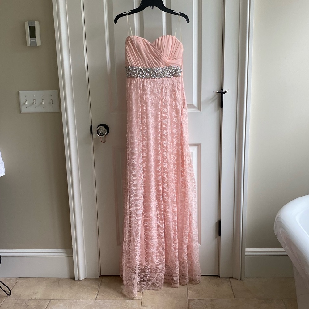 Pink lace and gems prom dress